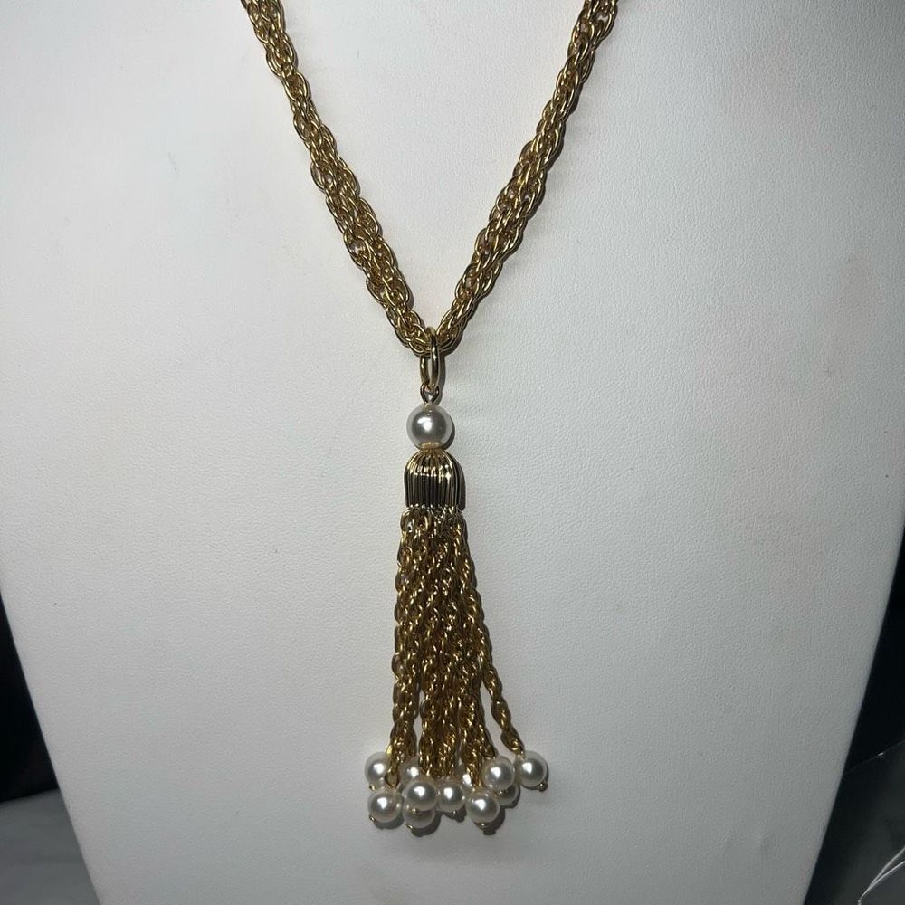 Vintage Double Gold Tone Chain Faux Pearl Tassel Necklace